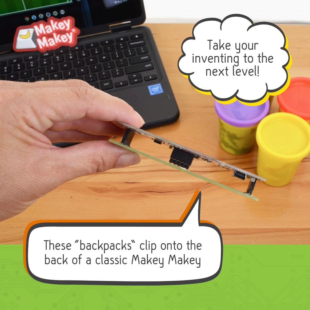 Image shows how backpacks clip onto the back of a classic Makey Makey. Text call out says "Take your inventing to the next level!"