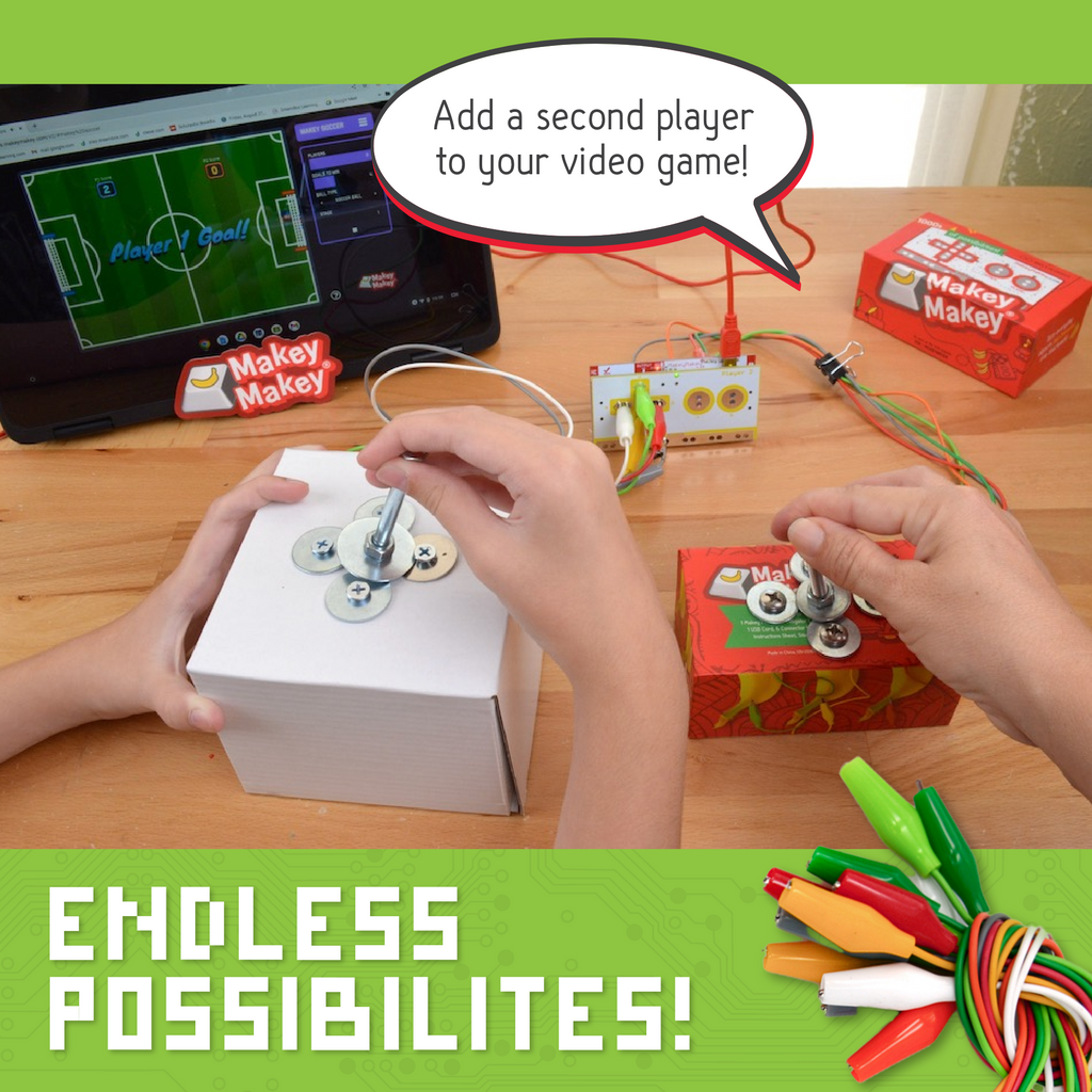 Picture is of two peoople playing a computer game with handmade joysticks. The player one joystick is alligator clipped to the Makey Makey and the player 2 joystick is alligator clipped to the Player 2 backpack. Text call out says "Add a second player to your video game!" and "Endless possibilities"