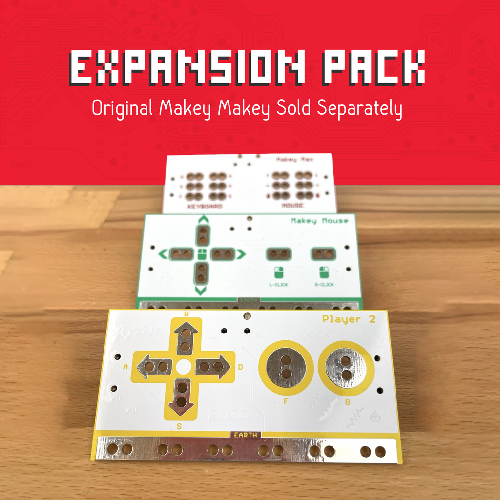 3 Makey Makey Backpack expansion boards. Text reads "Expansion pack: Orginial Makey Makey sold separately"