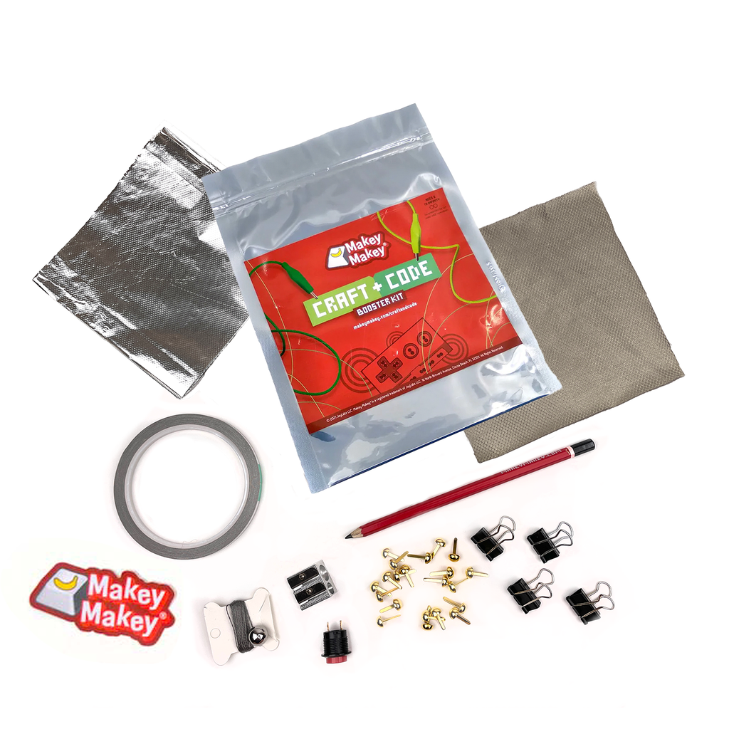 Craft + Code Supplies: Foil, bag, conductive fabric, conductive tape, steel ball, Makey Makey sticker, pencil sharpener, Makey Makey Pencil, arcade button, brass fastners, binder clips