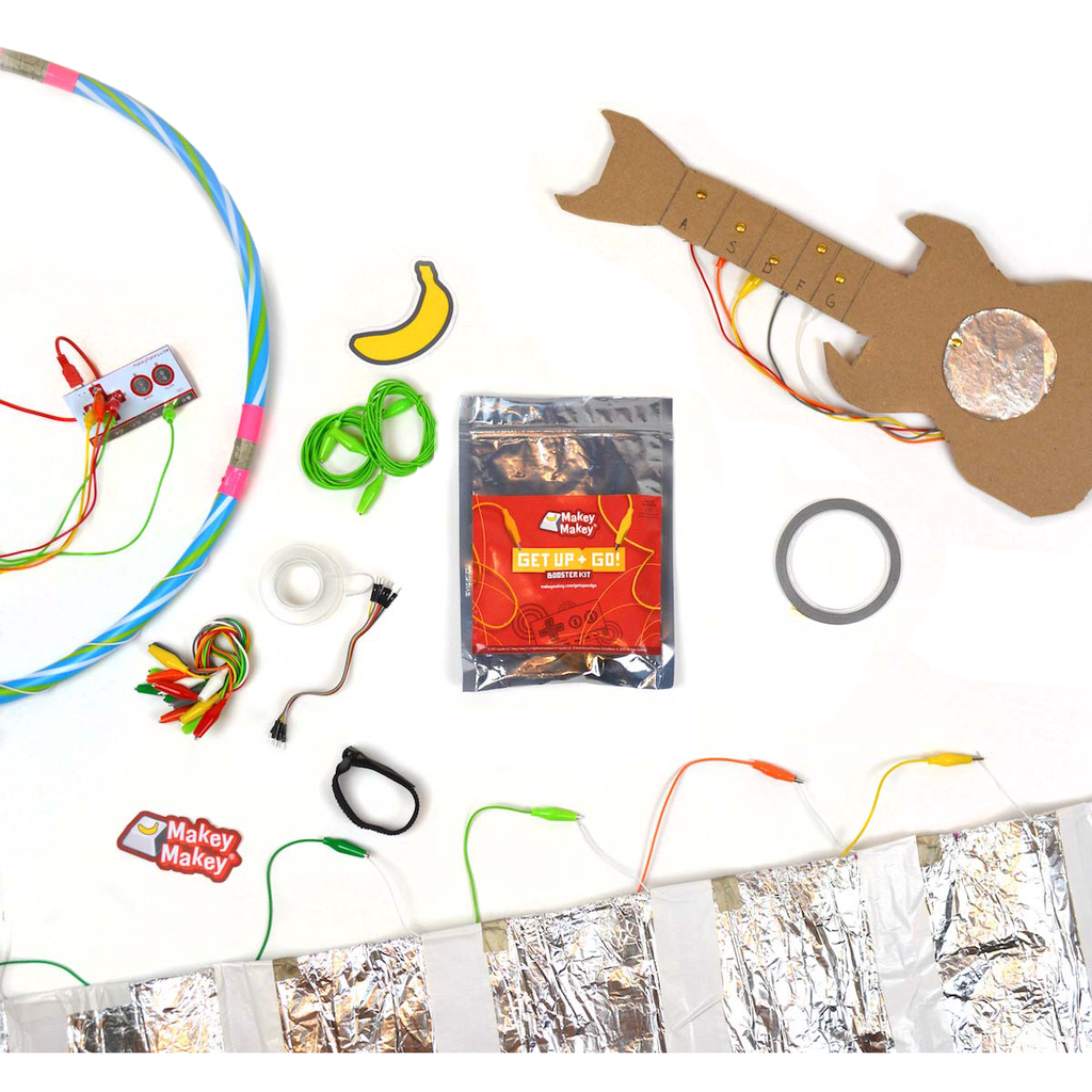 Get up + Go Booster Kit surrounded by project ideas on a white background. Hula hoop controller, oversized floor piano created on a yoga mat, and cardboard guitar. Also some supplies scattered.