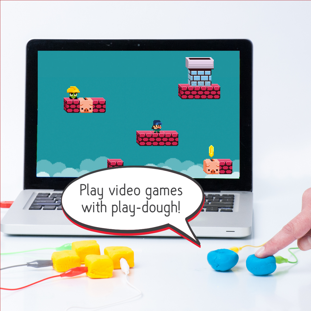 Image shows a kid playing a video game on the computer by tapping on play doh buttons. Call out bubble says "Play video games with play-dough"